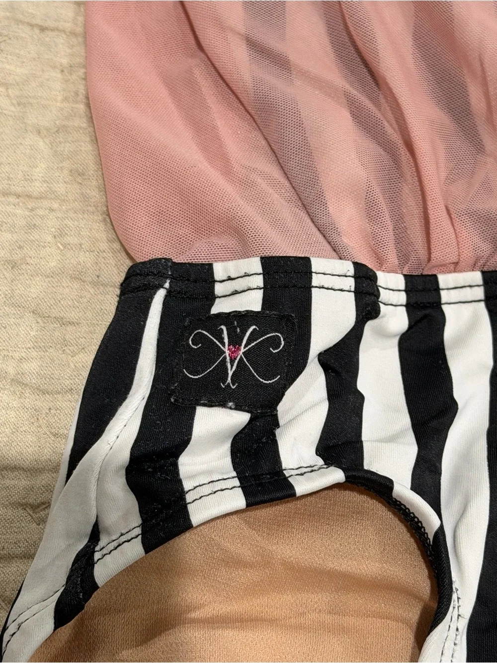 Kandi Kouture CM Black White Stripe Pink Mesh Dance Leotard